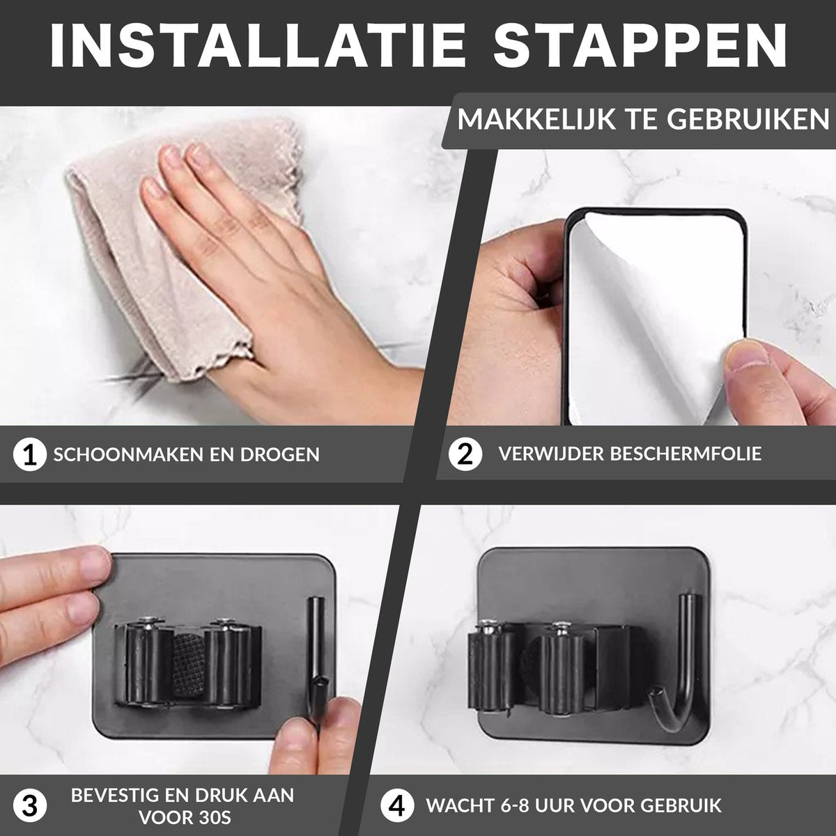  Victox Bezem Ophangsysteem – Ophanghaakjes Zelfklevend – Gereedschapshouder – Bezemhouder - Ophangsysteem - Ophanghaken - Wandhouder - Zwart (2-PACK)