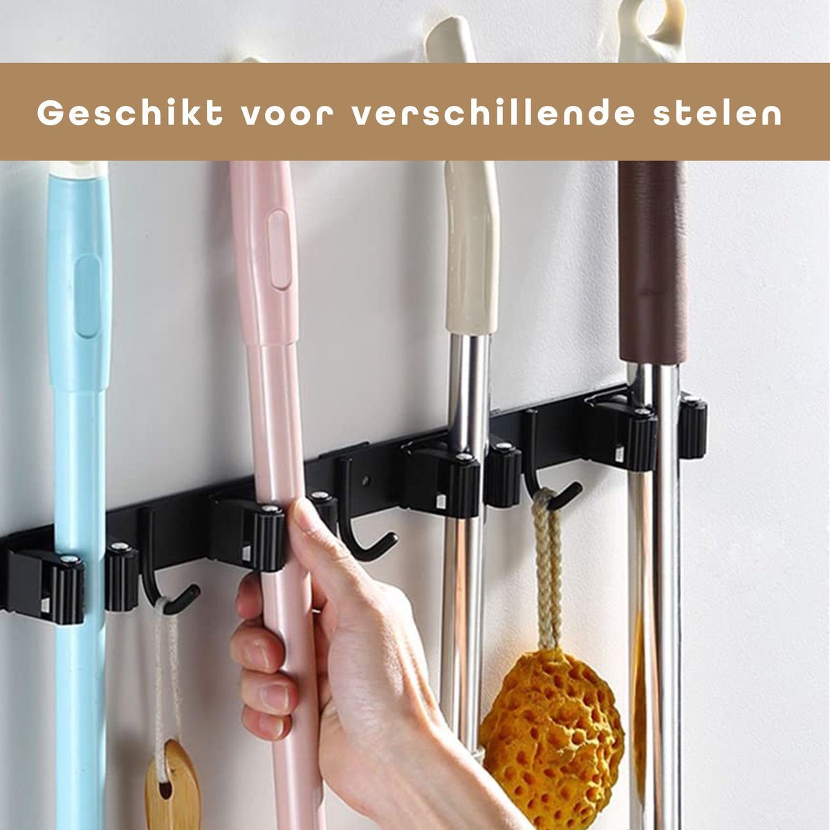 Bezem Ophangsysteem – Bezemhouder – Tuingereedschap – RVS – 5 Houders – 6 Haken - BAULK®