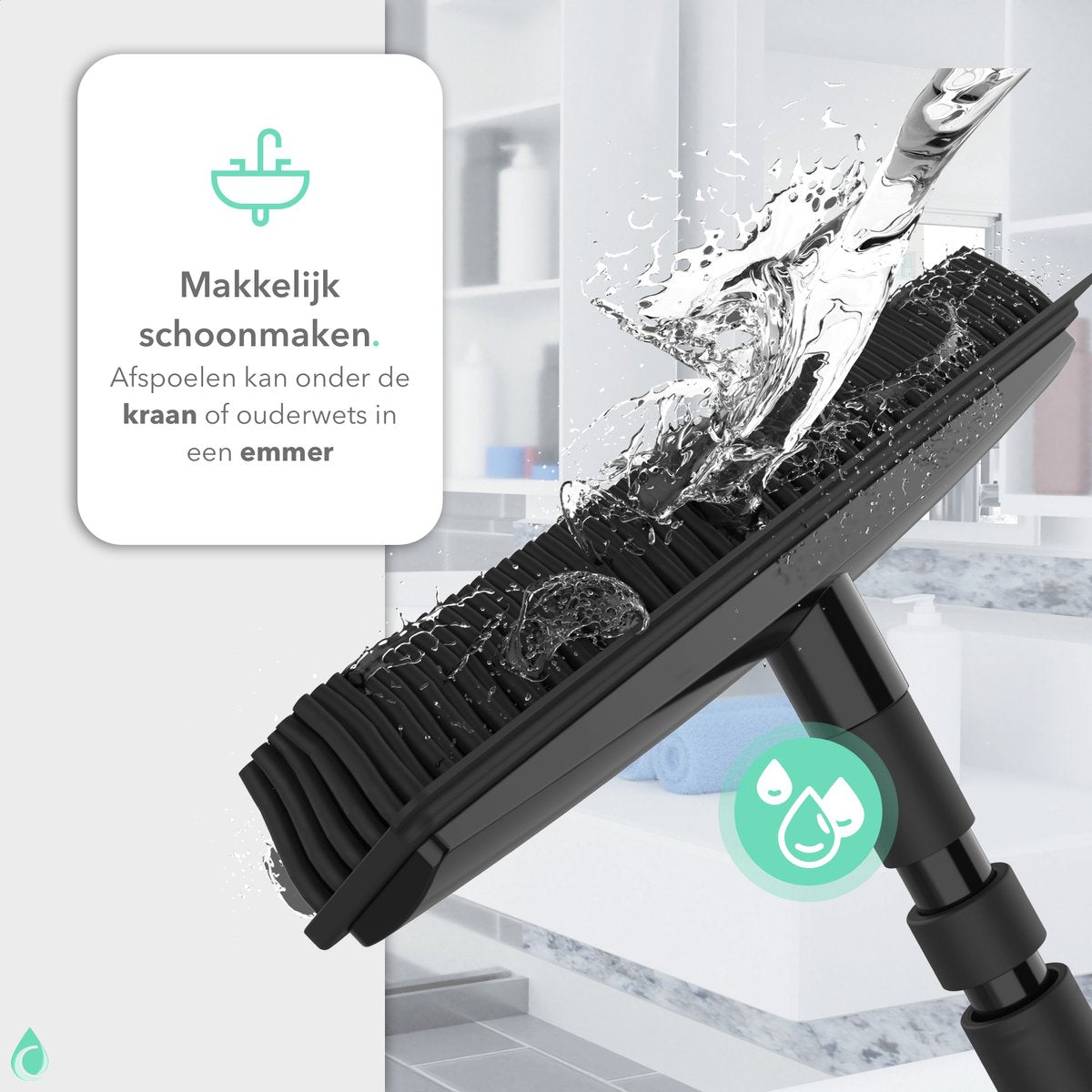  CLEANLY® Rubberen Bezem Met Vloerwisser - Kappersbezem - Zachte Bezem Binnen &amp; Buiten - Vloertrekker Met Steel - 68-150 Cm