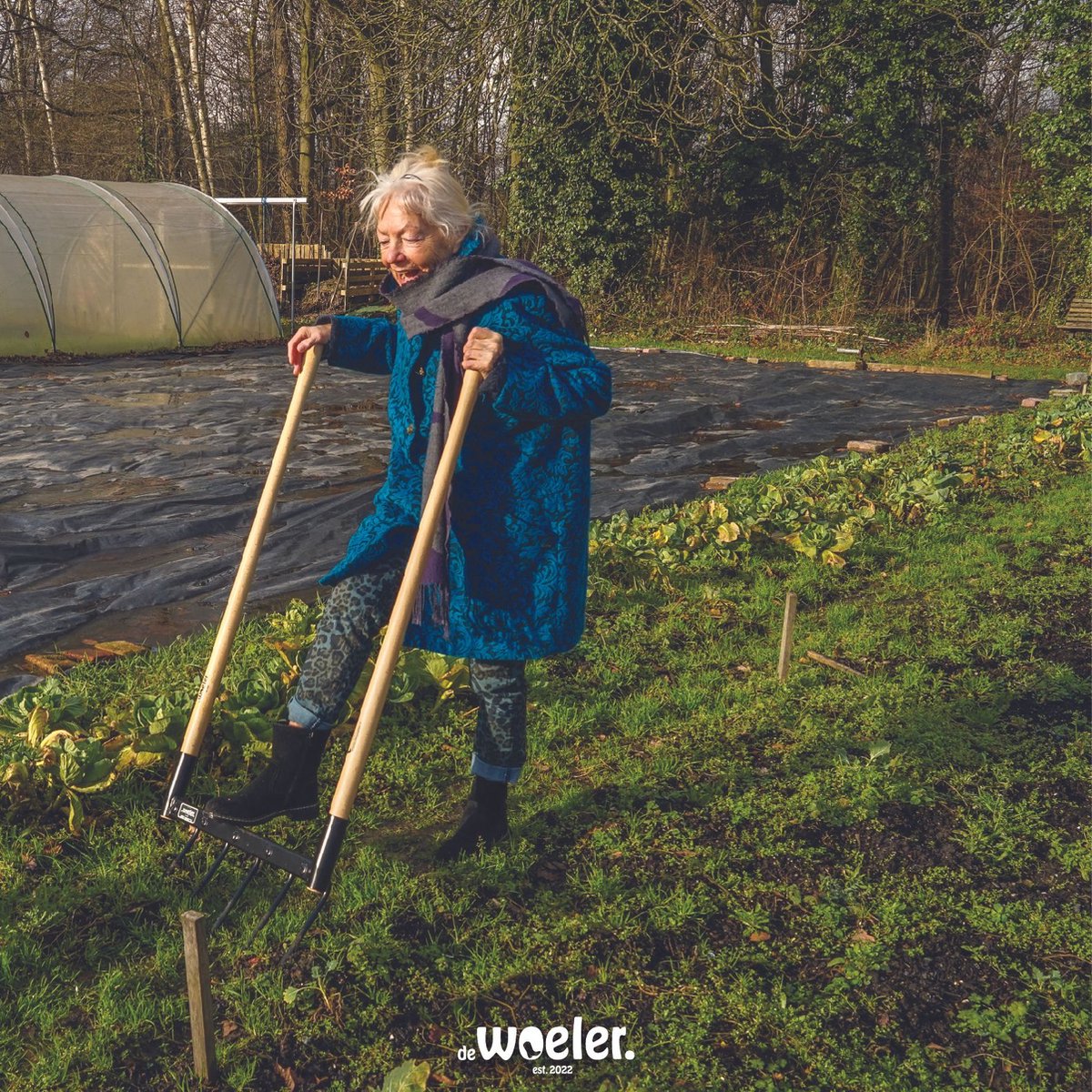  De Woeler - DW5 - Woelvork Grelinette - Spitvork/Tuinwoeler/Spade - Roestvrij - Ergonomisch - FSC Hout - 6 Jaar Garantie
