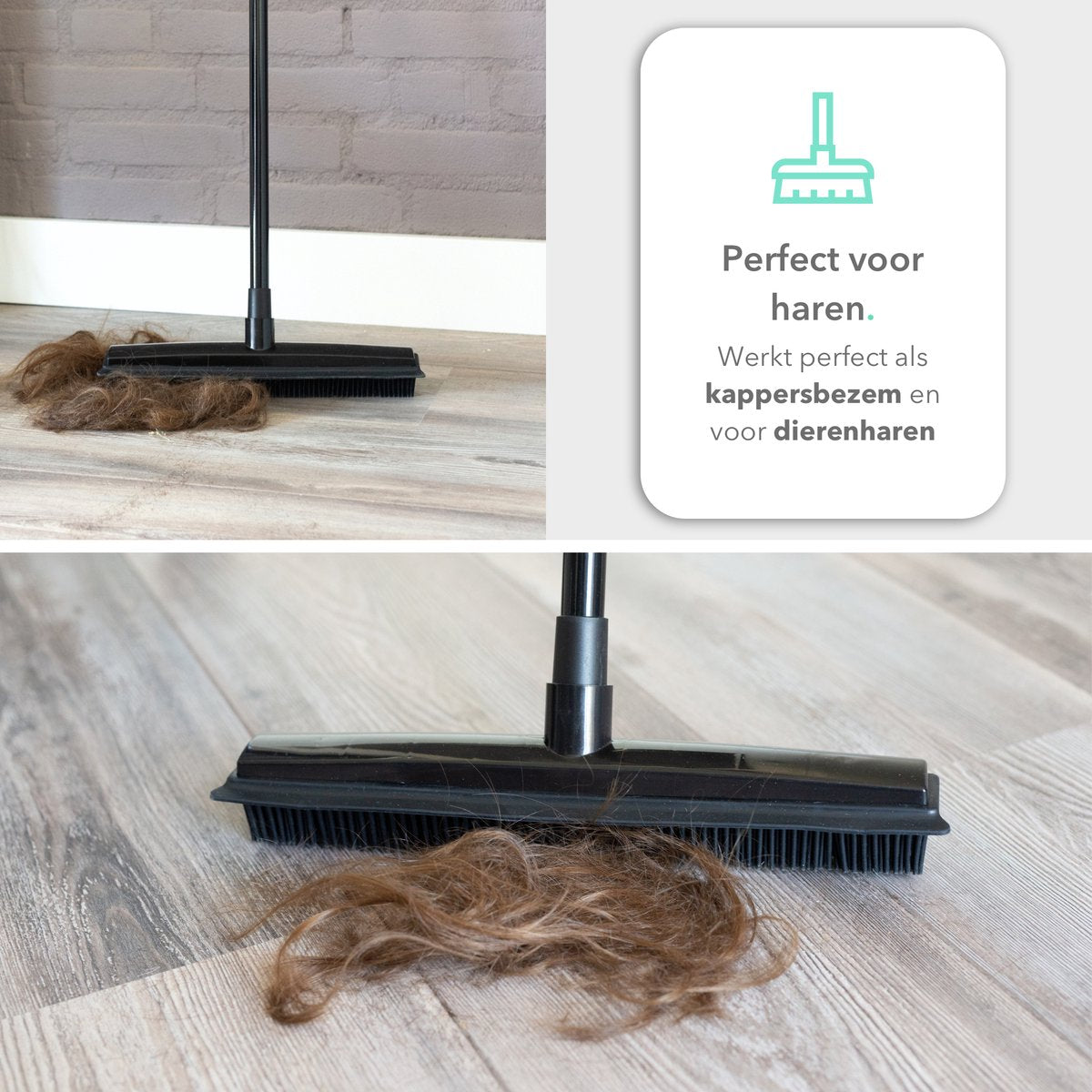  CLEANLY® Rubberen Bezem Met Vloerwisser – Kappersbezem – Zachte Bezem Binnen &amp; Buiten – Vloertrekker Met Steel – 68-120 Cm