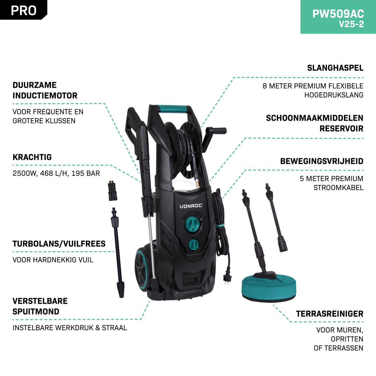  VONROC PRO Hogedrukreiniger V25-2 – 2500W – 195 Bar – 468 L/h – Duurzame Inductiemotor – Incl. 8m Slang, Slanghaspel, Terrasreiniger, Reinigingstank En Meer