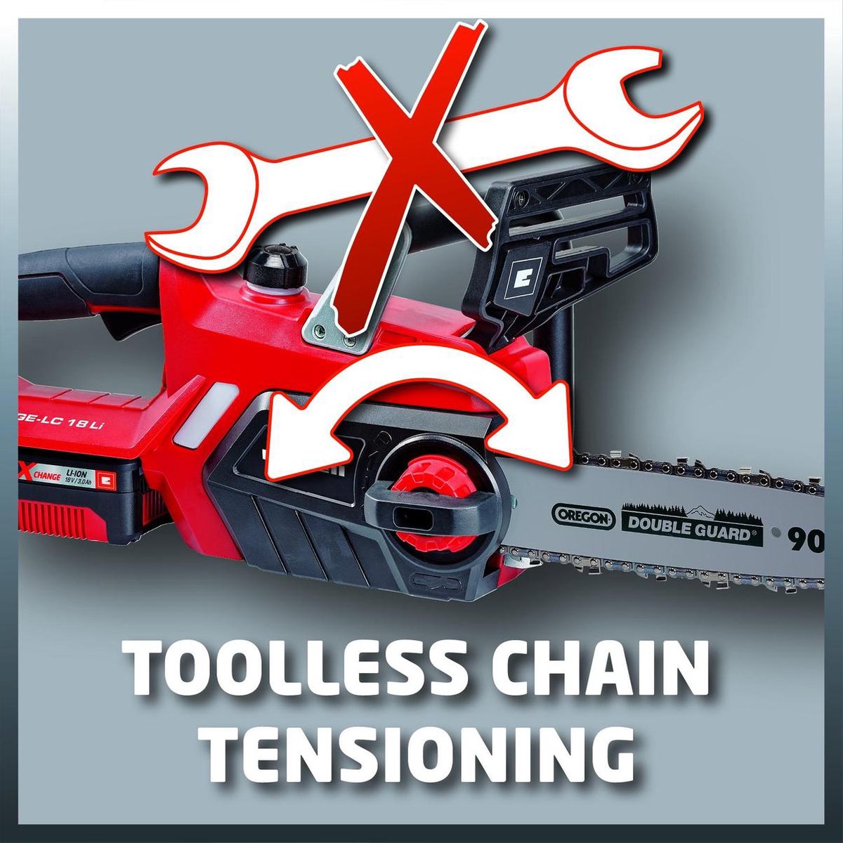  Einhell Accu Kettingzaag GE-LC 18 Li Kit (1x3,0Ah) Power X-Change (Li-Ion - 18 V - 25 Cm Zwaardlengte - 23 Cm Snijlengte - Terugslagbescherming - Kettingvangbout - Incl. 3,0 Ah Accu En Lader)