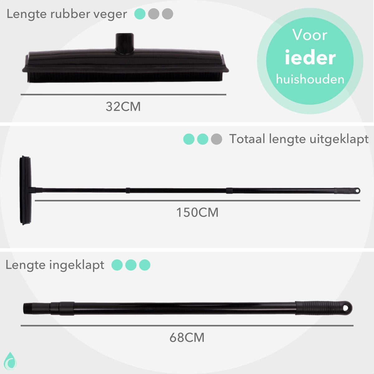  CLEANLY® Rubberen Bezem Met Vloerwisser - Kappersbezem - Zachte Bezem Binnen &amp; Buiten - Vloertrekker Met Steel - 68-150 Cm