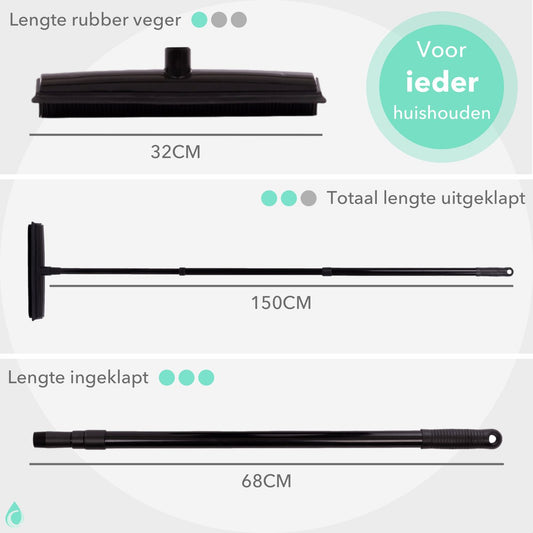  CLEANLY® Rubberen Bezem Met Vloerwisser - Kappersbezem - Zachte Bezem Binnen &amp; Buiten - Vloertrekker Met Steel - 68-150 Cm