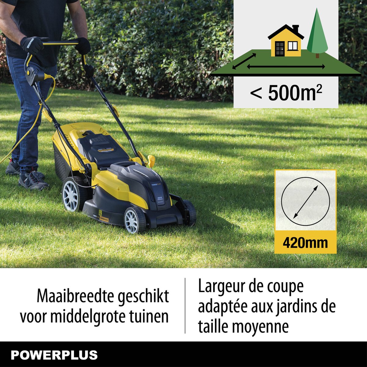  Powerplus POWXG6281 Elektrische Grasmaaier - Grasmachine Voor Middelgrote En Grote Tuin - 2000W - Maaibreedte 420mm - Verstelbare Maaihoogte - Mulching Functie - Incl. 40L Opvangbak