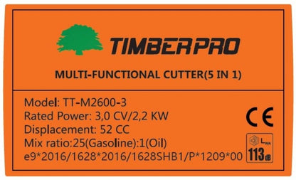 TIMBERPRO - 5-in-1 – Multitool – Benzine - Kettingzaag - Bosmaaier -Kantenmaaier - Haagschaar - Verlengstuk - 52 Cc.