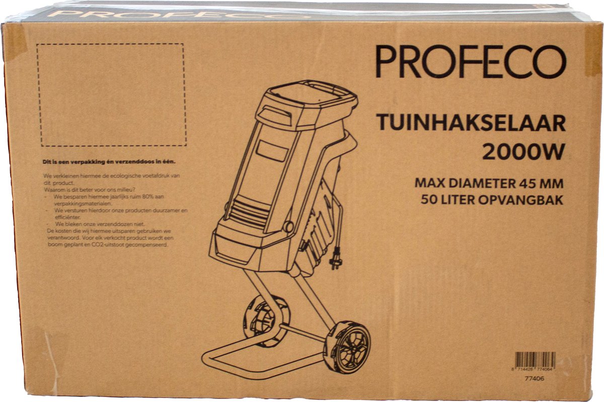  Profeco Stille Hakselaar 2000W - Tuinhakselaar - Versnipperaar Voor 45mm Takdikte - Incl. 50 Liter Opvangzak En Veilige Duwstok