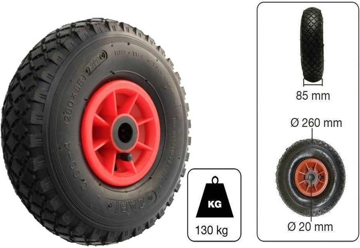 Benson Bolderkarwiel Steekwagenwiel Met Luchtband 3.00-4 | Asgatdiameter 20mm Rollager | Hoogte Wiel 26cm