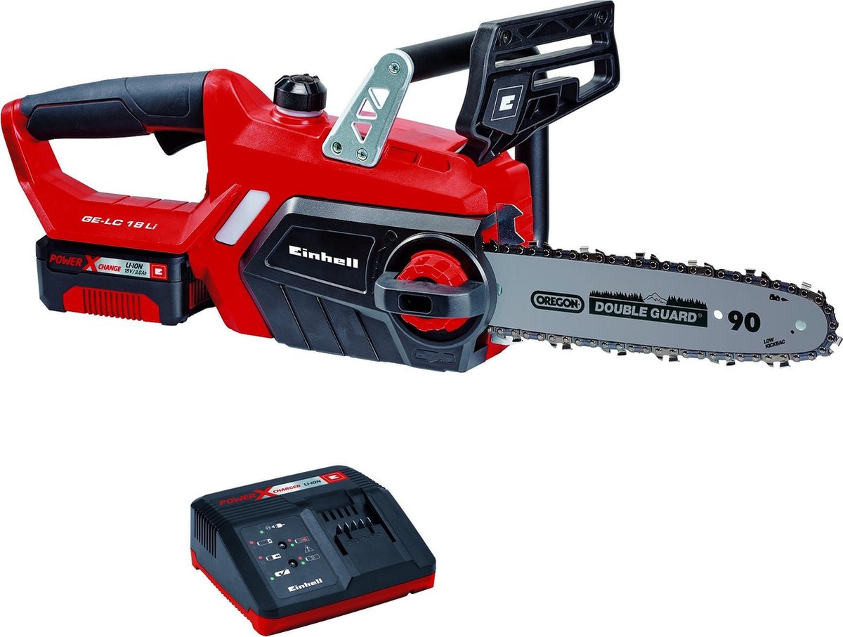  Einhell Accu Kettingzaag GE-LC 18 Li Kit (1x3,0Ah) Power X-Change (Li-Ion - 18 V - 25 Cm Zwaardlengte - 23 Cm Snijlengte - Terugslagbescherming - Kettingvangbout - Incl. 3,0 Ah Accu En Lader)