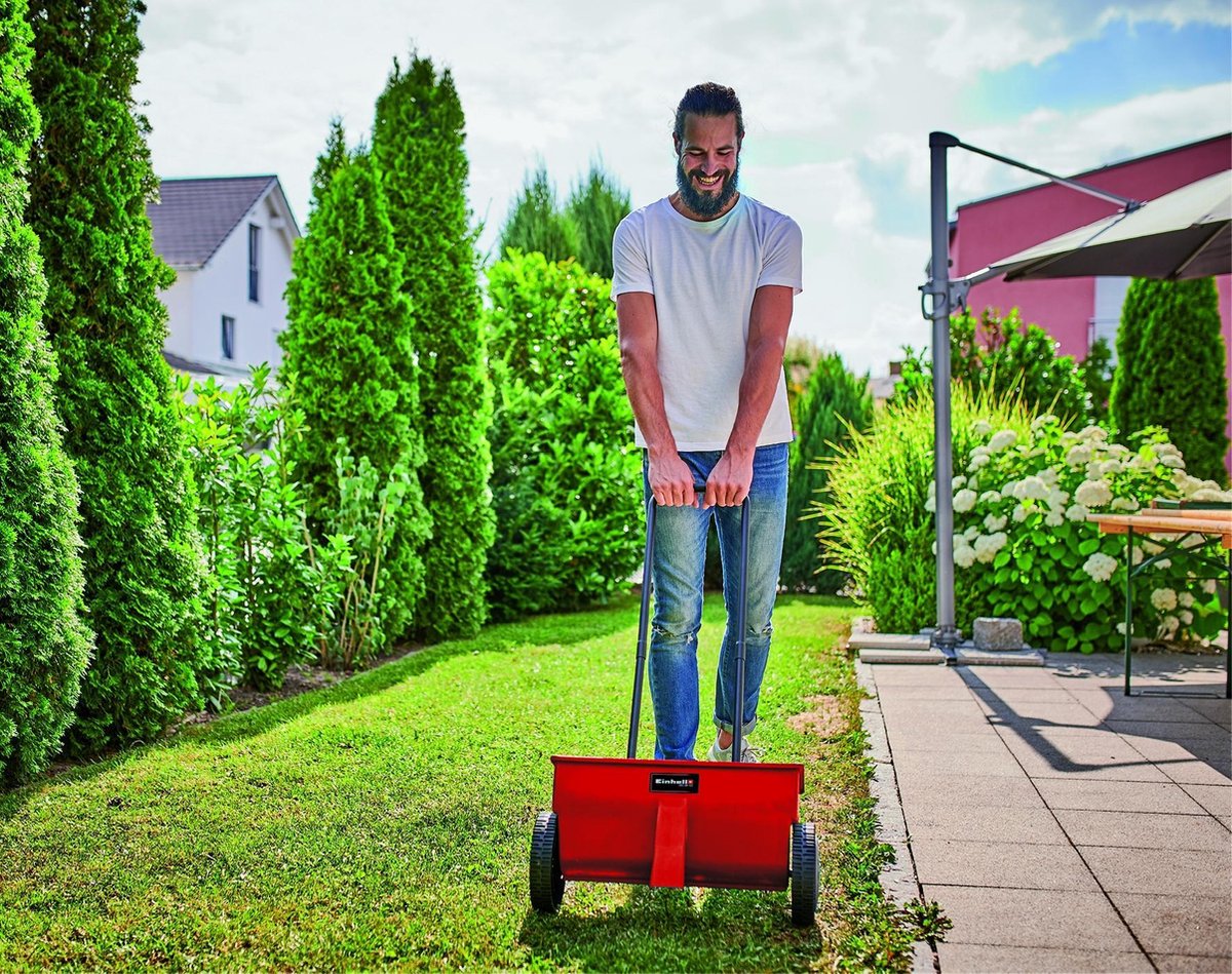  Einhell Strooiwagen GC-SR 12 (12 L - 45 Cm Strooibreedte - Dubbele Duwstang - Kliksluiting Aan Beide Zijden - Verstelhendel - Corrosiebestendige Rol - Behuizing Van Breukvast Kunststof)