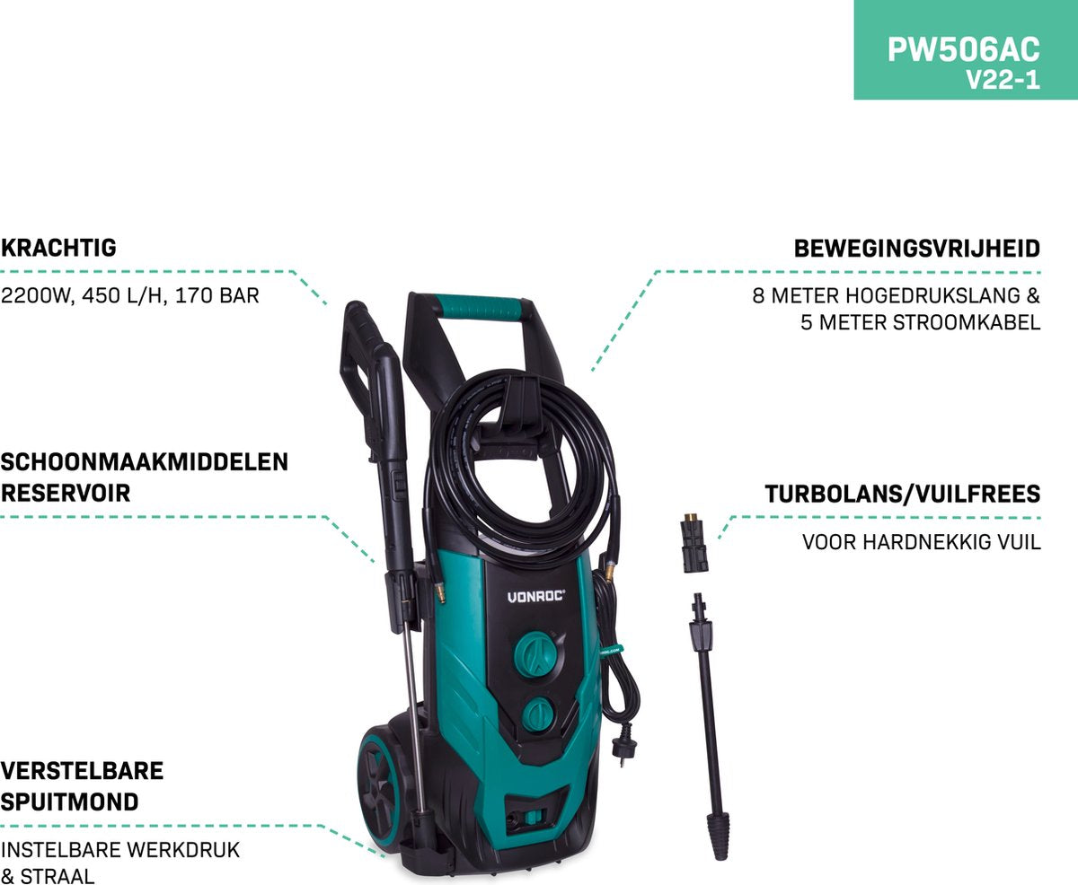  VONROC Hogedrukreiniger V22-1 2200W – 170 Bar – 450 L/h – Incl. 8m Slang, Reinigingsmiddelen Tank, Spuitstukken En Accessoires