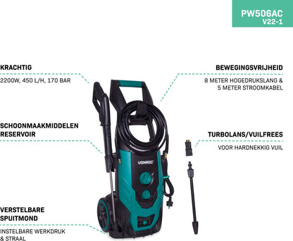  VONROC Hogedrukreiniger V22-1 2200W – 170 Bar – 450 L/h – Incl. 8m Slang, Reinigingsmiddelen Tank, Spuitstukken En Accessoires