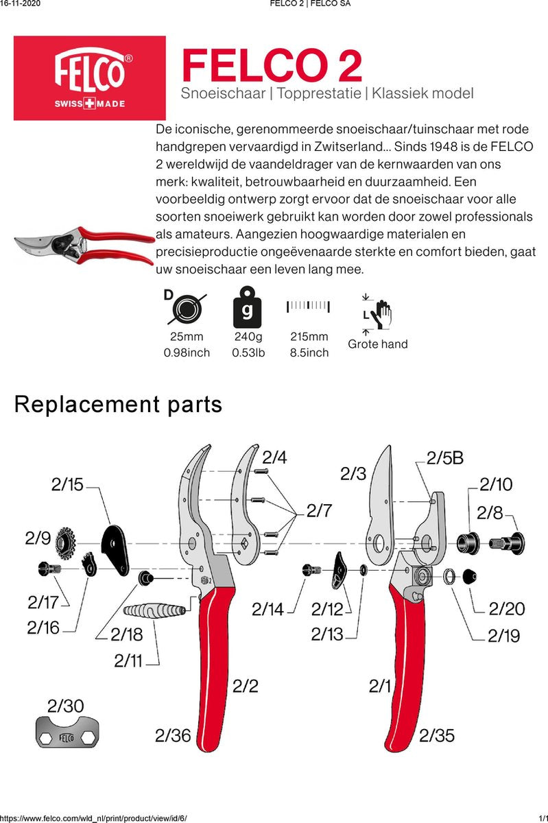  Felco 2 Snoeischaar - Rechtshandig - Max. Knipdiameter 25 Mm - Lengte 215 Mm