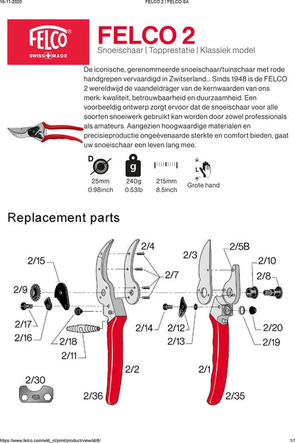  Felco 2 Snoeischaar - Rechtshandig - Max. Knipdiameter 25 Mm - Lengte 215 Mm