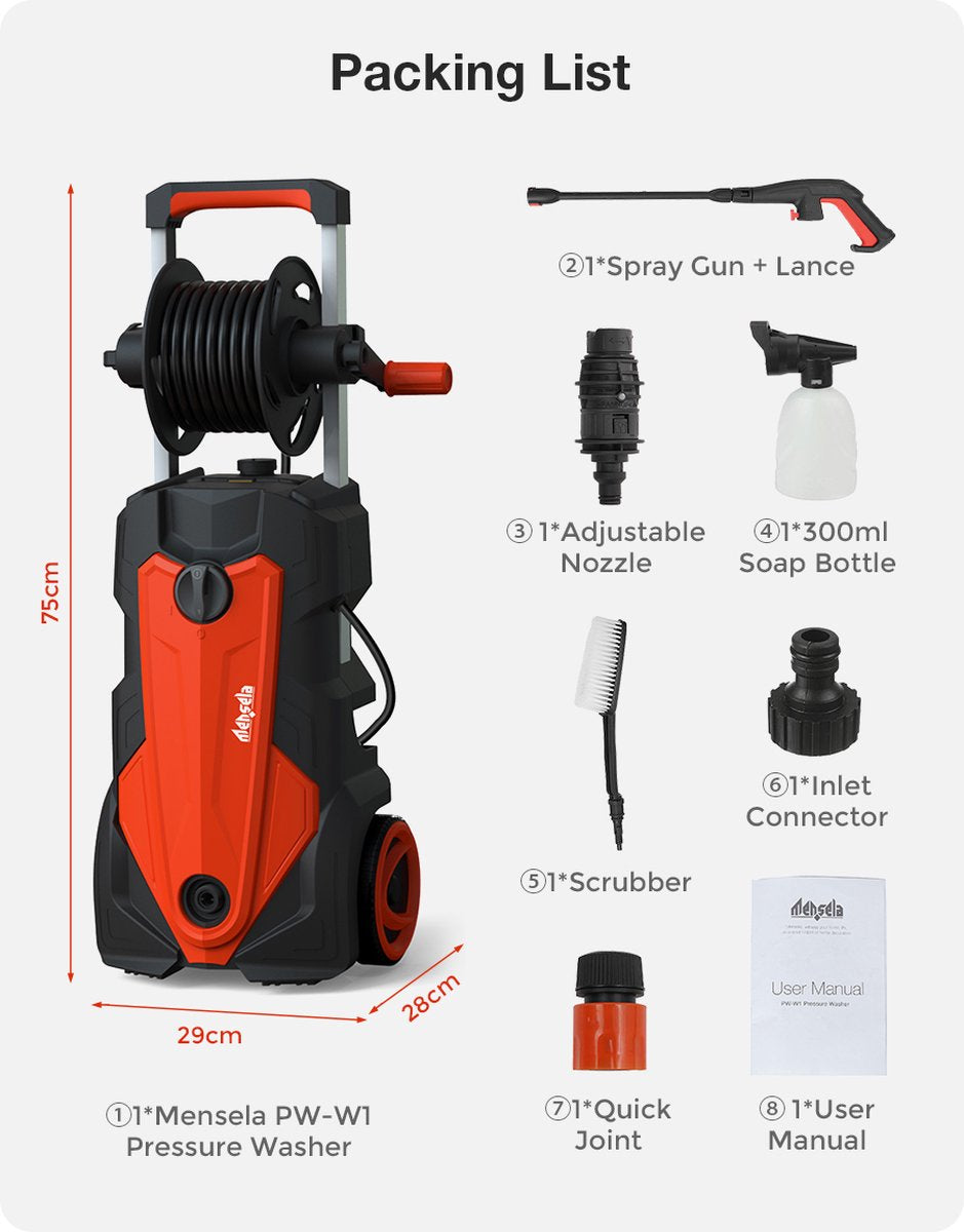 Merkloos Home Hogedrukreiniger - 2100W - 165 Bar - Met Verstelbare Nozzles Slanghaspel 5m Netsnoer 10m Slang - Voor Reiniging Huis Auto Tuin