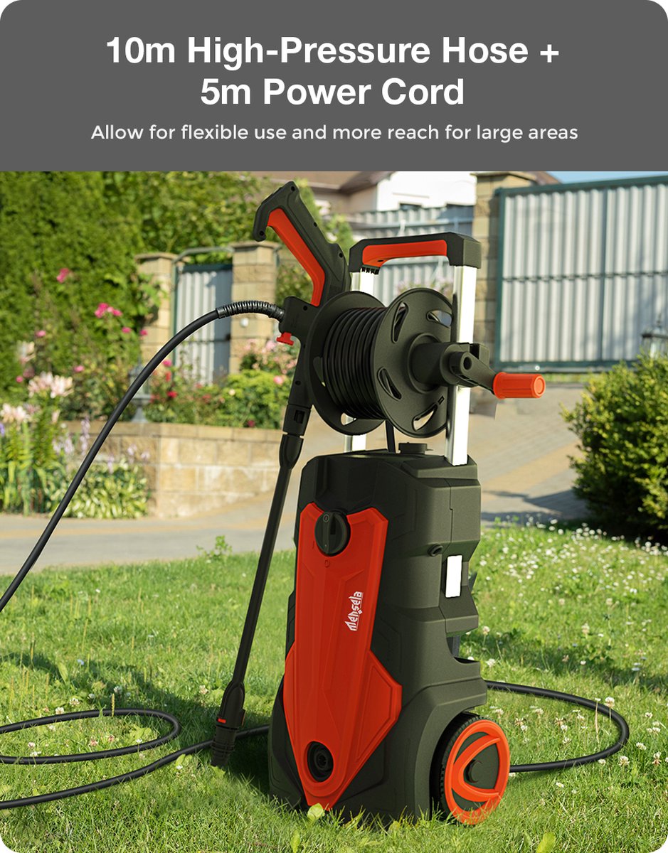 Merkloos Home Hogedrukreiniger - 2100W - 165 Bar - Met Verstelbare Nozzles Slanghaspel 5m Netsnoer 10m Slang - Voor Reiniging Huis Auto Tuin