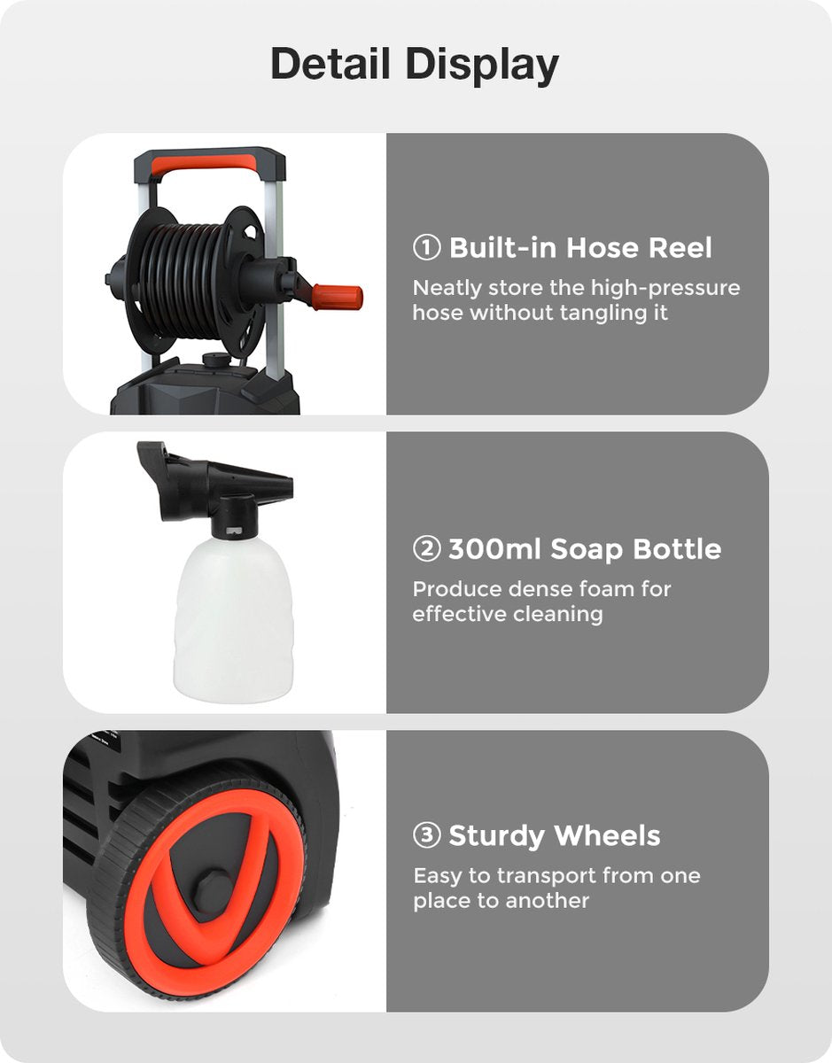 Merkloos Home Hogedrukreiniger - 2100W - 165 Bar - Met Verstelbare Nozzles Slanghaspel 5m Netsnoer 10m Slang - Voor Reiniging Huis Auto Tuin