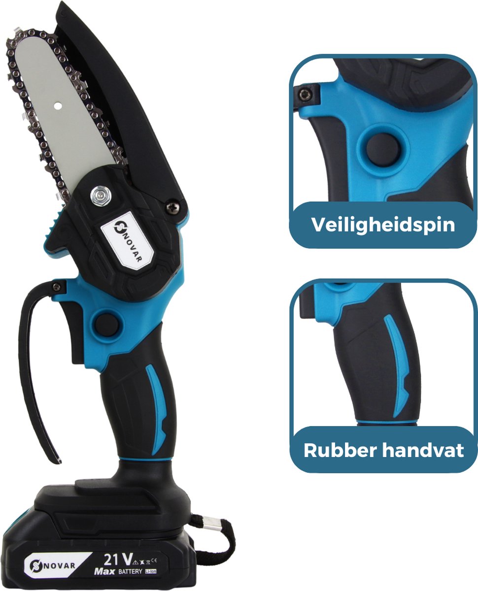  NovarGarden® Mini Kettingzaag NG1 - Met 2x Accu - Takkenzaag - Snoeizaag - Electrisch - Handzaag - Boomzaag - 21V