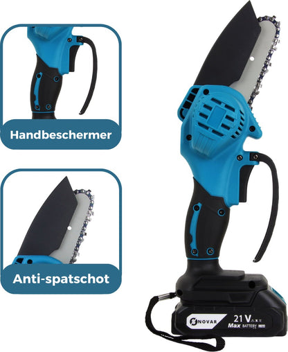  NovarGarden® Mini Kettingzaag NG1 - Met 2x Accu - Takkenzaag - Snoeizaag - Electrisch - Handzaag - Boomzaag - 21V
